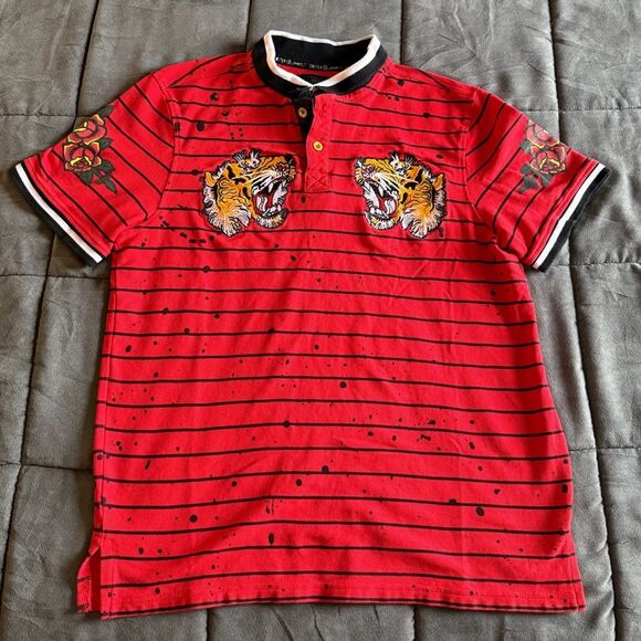 Other - Switch Remarkable Red Striped Polo Shirt with Tiger Embroidery Y2K Size Medium